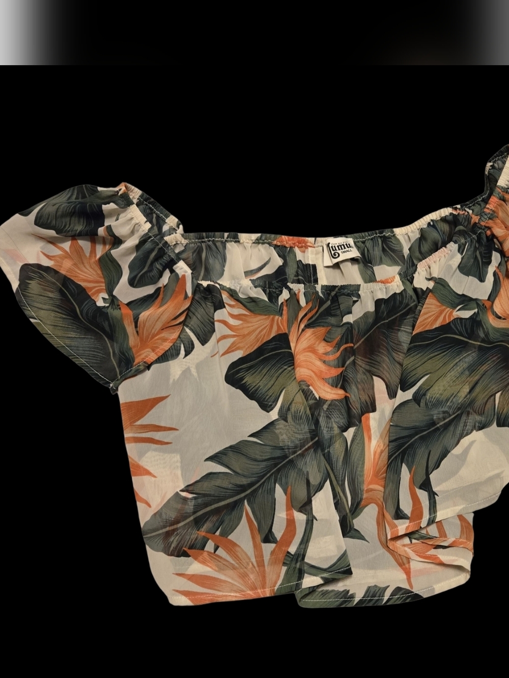 Show Me Your MuMu Off-Shoulder Tropical Crop Top in Cream, Green & Orange